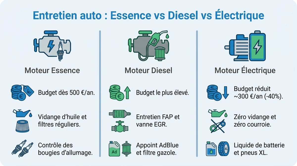 Infographie comparative des coûts et spécificités d'entretien pour voiture essence, diesel et électrique.