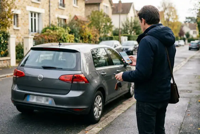 Conducteur consultant les démarches de permis près de sa voiture stationnée