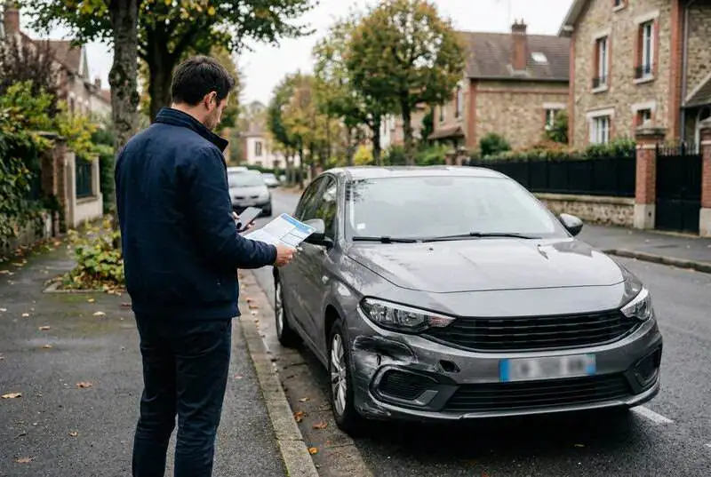 Propriétaire devant sa voiture légèrement accidentée