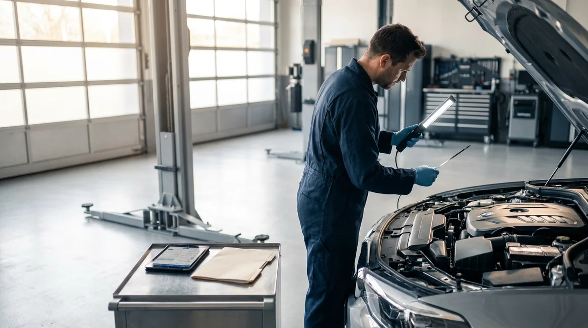 Mecanicien professionnel effectuant le controle technique d'entretien d'une voiture moderne dans un atelier propre.