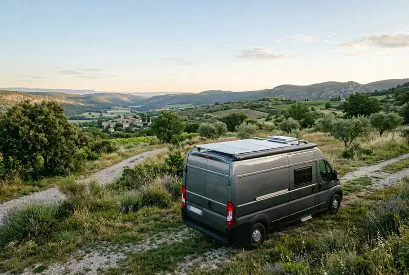 Camping-car équipé de panneaux solaires dans la nature