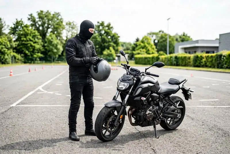 Candidat adulte préparant son permis moto avec un casque