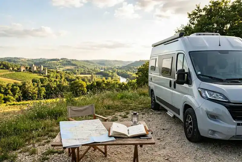 Camping-car stationné près d’un paysage naturel