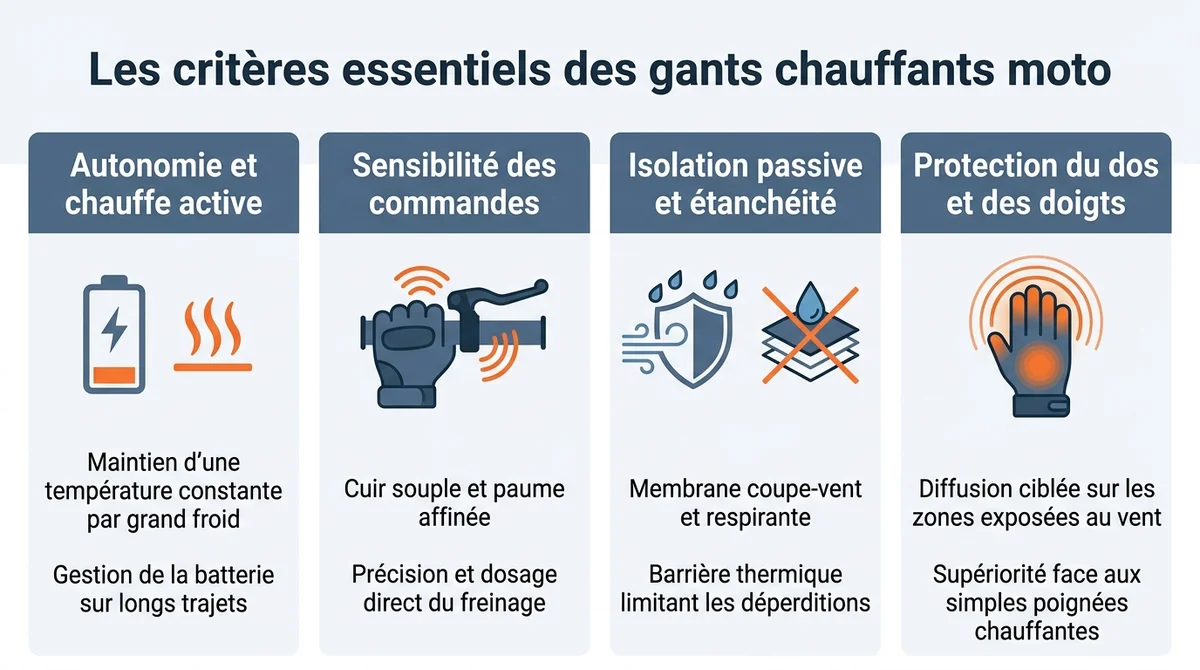 Infographie des 4 critères clés pour choisir des gants chauffants de moto en hiver : autonomie, souplesse et isolation.