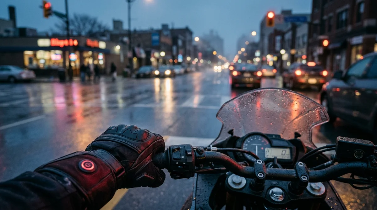 Gants chauffants moto pour l'hiver sur une rue urbaine humide au crépuscule