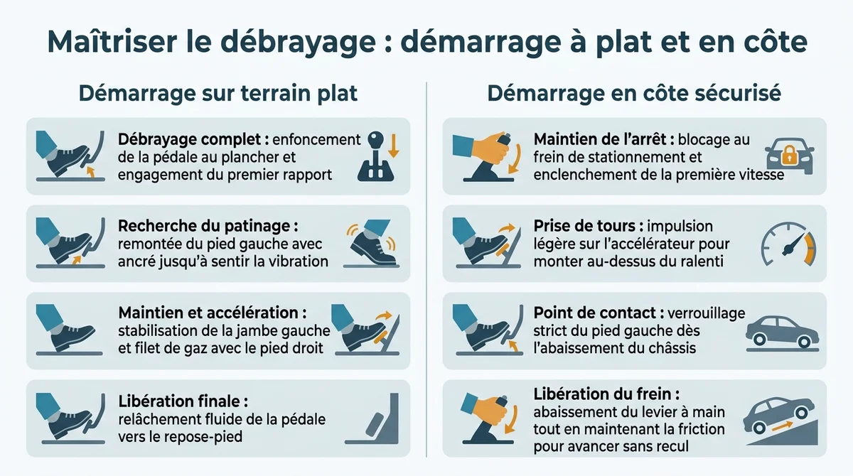 Infographie comparant les étapes du débrayage et du point de patinage pour démarrer sur plat et en côte sans caler.