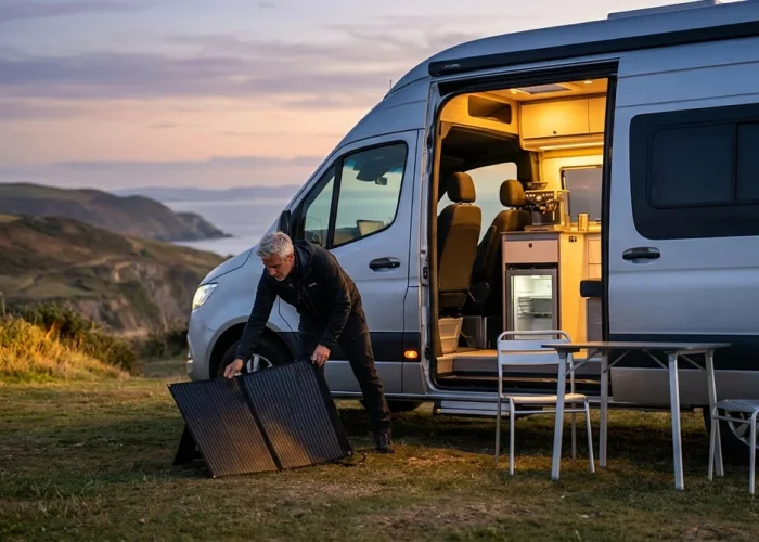 Camping-car de luxe stationné en bord de falaise au coucher du soleil, équipé pour le voyage et le confort en autonomie.