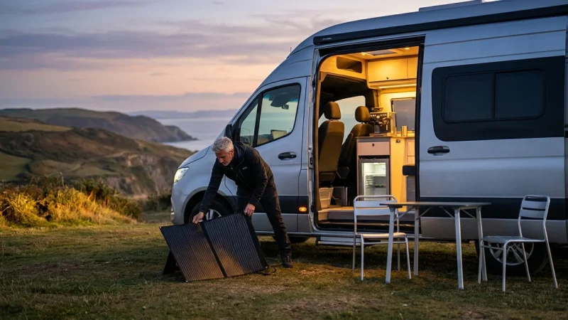 Camping-car de luxe stationné en bord de falaise au coucher du soleil, équipé pour le voyage et le confort en autonomie.