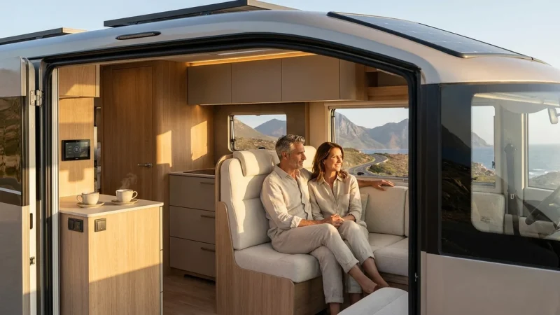 Interieur moderne de camping-car 2026 avec vue panoramique sur les montagnes pour bien choisir son vehicule.