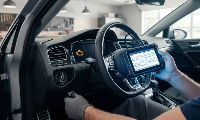 Main d'un mécanicien branchant une valise de diagnostic auto OBD2 sous le tableau de bord d'une voiture moderne.
