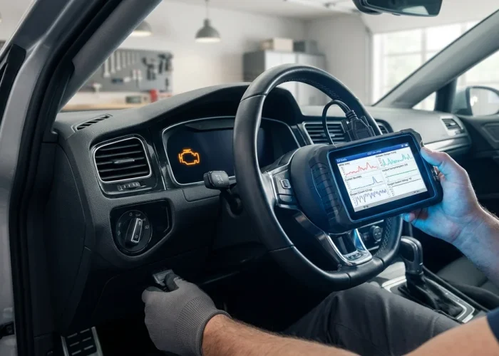 Main d'un mécanicien branchant une valise de diagnostic auto OBD2 sous le tableau de bord d'une voiture moderne.