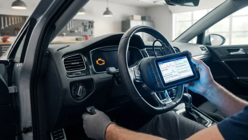 Main d'un mécanicien branchant une valise de diagnostic auto OBD2 sous le tableau de bord d'une voiture moderne.