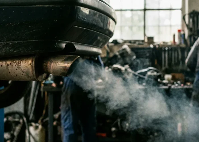 Gros plan sur un pot d'échappement de voiture émettant une fumée épaisse dans un atelier pour diagnostiquer une panne.