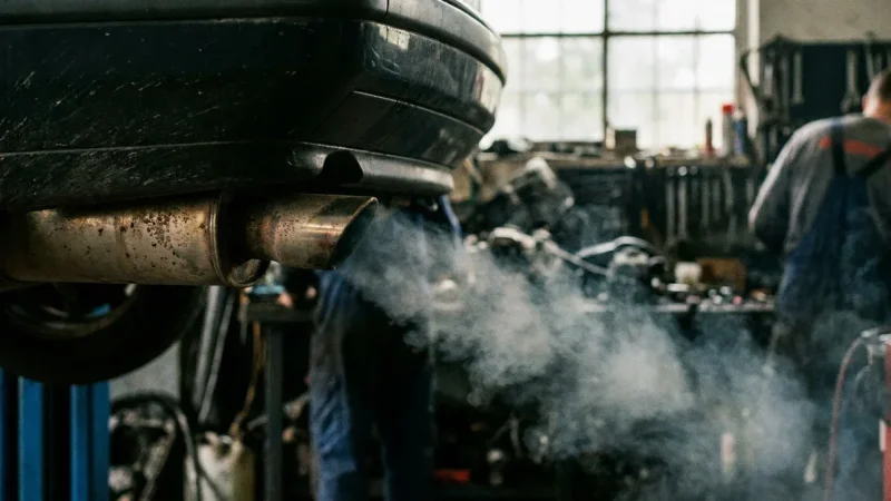 Gros plan sur un pot d'échappement de voiture émettant une fumée épaisse dans un atelier pour diagnostiquer une panne.