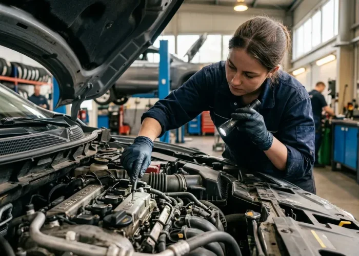 Mecanicien effectuant un diagnostic technique sous le capot d'une Nissan Qashqai pour reparer une panne.