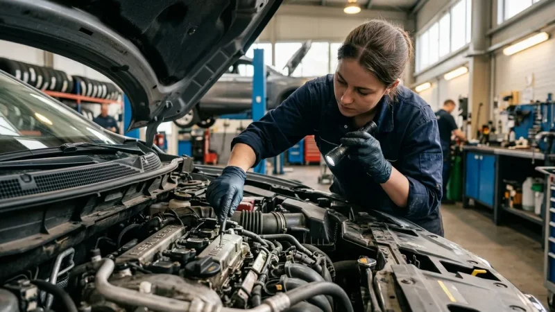 Mecanicien effectuant un diagnostic technique sous le capot d'une Nissan Qashqai pour reparer une panne.