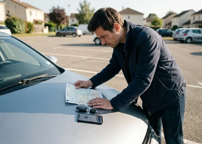 Acheteur inspectant une voiture d'occasion sur un parking pour éviter une arnaque lors d'une transaction Leboncoin.