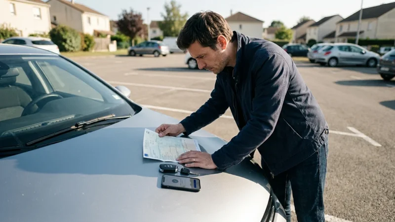 Acheteur inspectant une voiture d'occasion sur un parking pour éviter une arnaque lors d'une transaction Leboncoin.