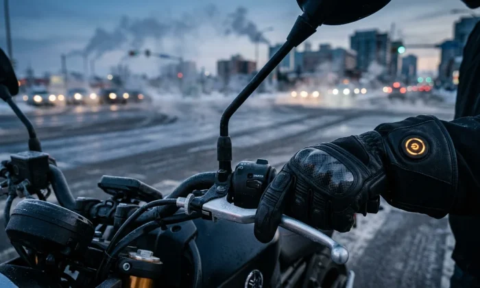 Gants chauffants moto pour l'hiver lors d'un trajet urbain matinal par temps froid