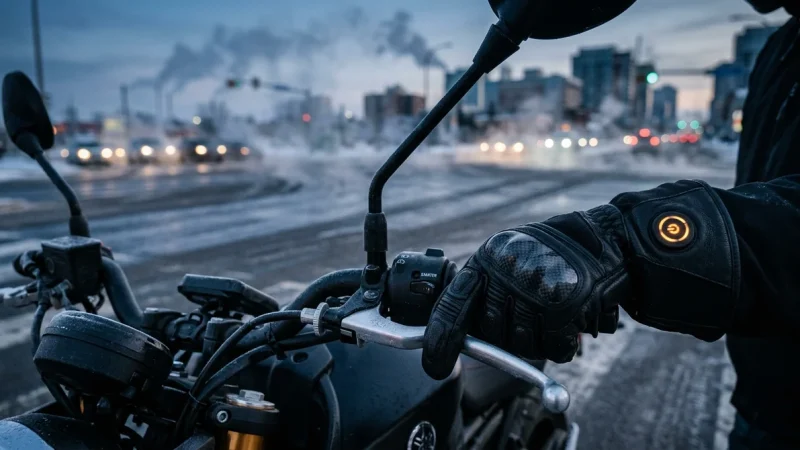 Gants chauffants moto pour l'hiver lors d'un trajet urbain matinal par temps froid