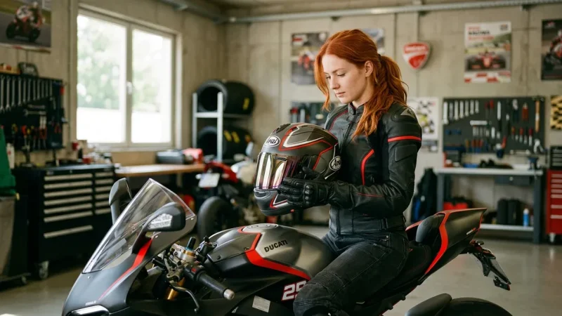 Jeune femme rousse tenant un casque moto intégral haut de gamme dans un garage professionnel moderne.