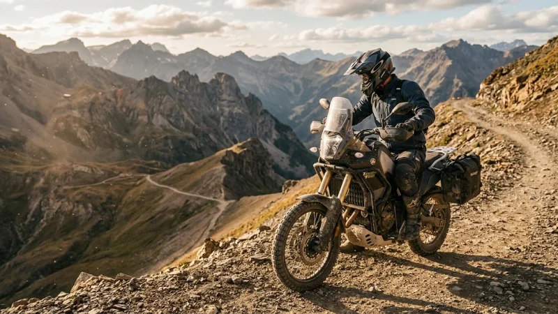 Moto off road moderne sur un sentier de montagne en gravier pour le comparatif 2026