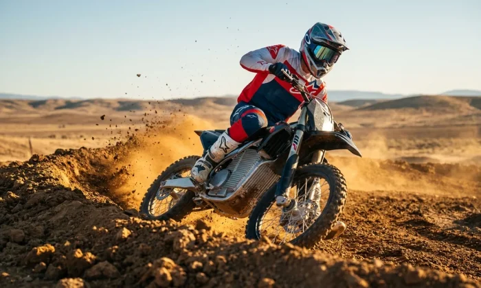 Pilote en équipement de motocross électrique sur une piste en terre battue sous un soleil éclatant, vue dynamique.