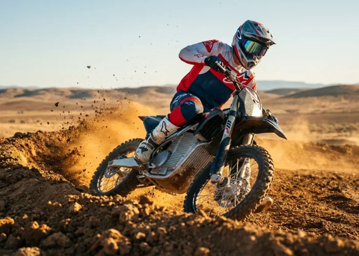 Pilote en équipement de motocross électrique sur une piste en terre battue sous un soleil éclatant, vue dynamique.