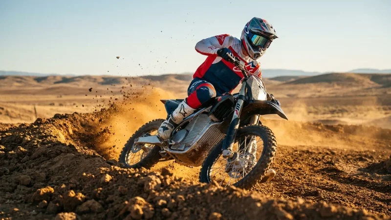 Pilote en équipement de motocross électrique sur une piste en terre battue sous un soleil éclatant, vue dynamique.