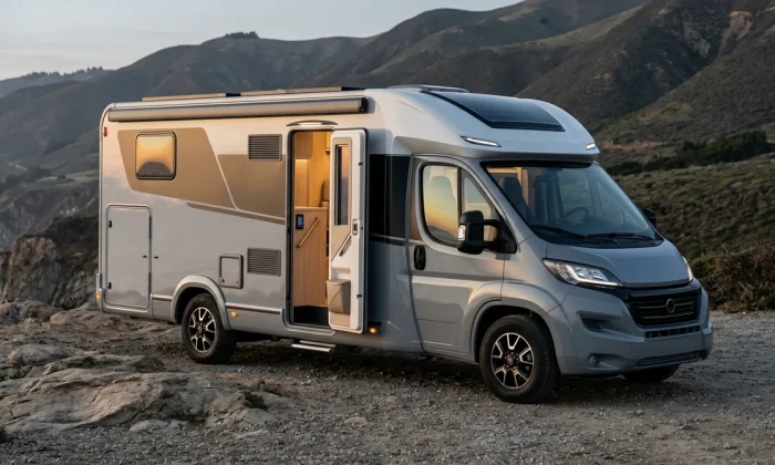 Nouveau camping-car 2026 compact et haut de gamme garé sur une falaise sauvage au coucher du soleil.