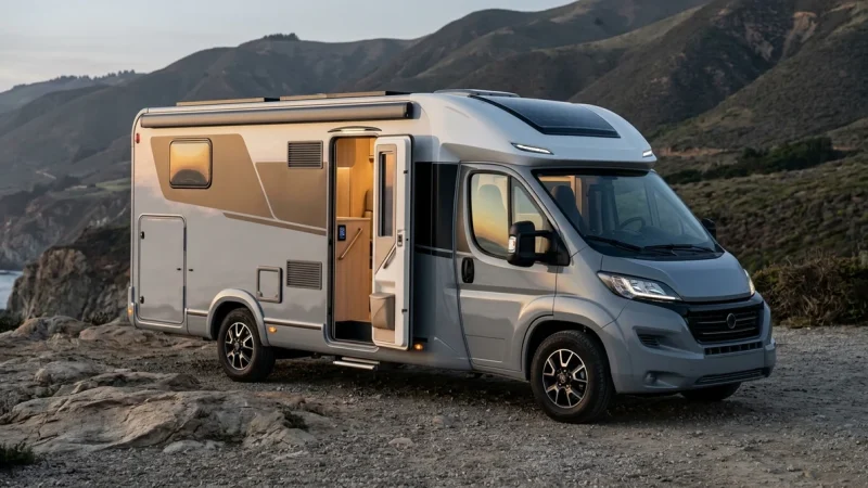 Nouveau camping-car 2026 compact et haut de gamme garé sur une falaise sauvage au coucher du soleil.