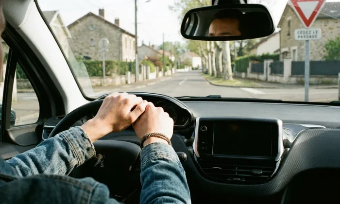 Jeune conducteur de 17 ans au volant d'une voiture sur une route française lors de l'apprentissage de la conduite.