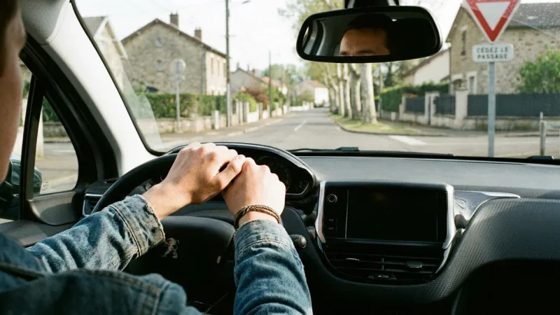 Jeune conducteur de 17 ans au volant d'une voiture sur une route française lors de l'apprentissage de la conduite.