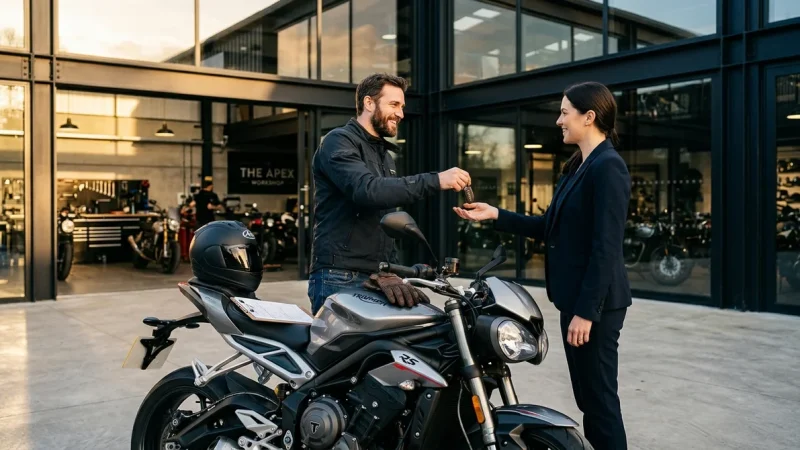 Motard remettant les cles de sa moto a un professionnel pour un rachat immediat devant un showroom moderne