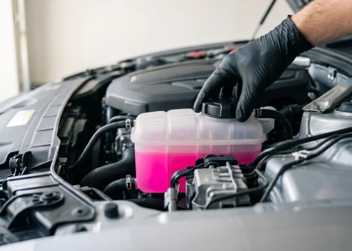 Vue rapprochée du vase d'expansion d'une voiture montrant les repères MIN et MAX du liquide de refroidissement.