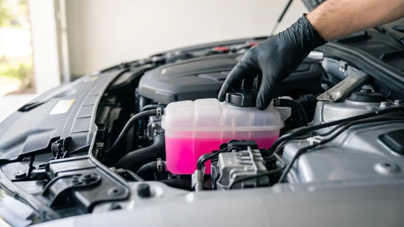 Vue rapprochée du vase d'expansion d'une voiture montrant les repères MIN et MAX du liquide de refroidissement.